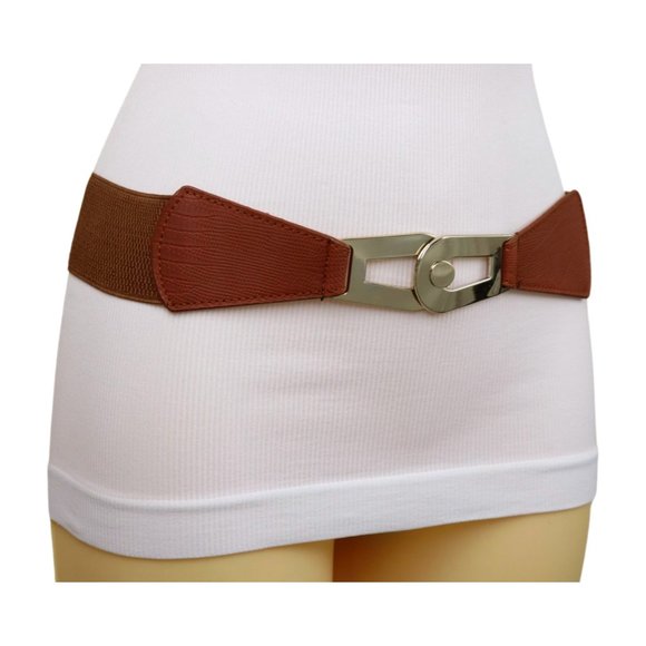 Alwaystyle4you Accessories - Women Brown Elastic Skinny Waistband Hip Waist Belt Gold Metal Buckle S M z046